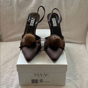 Isaac brown stain slingback heel with Pom detail